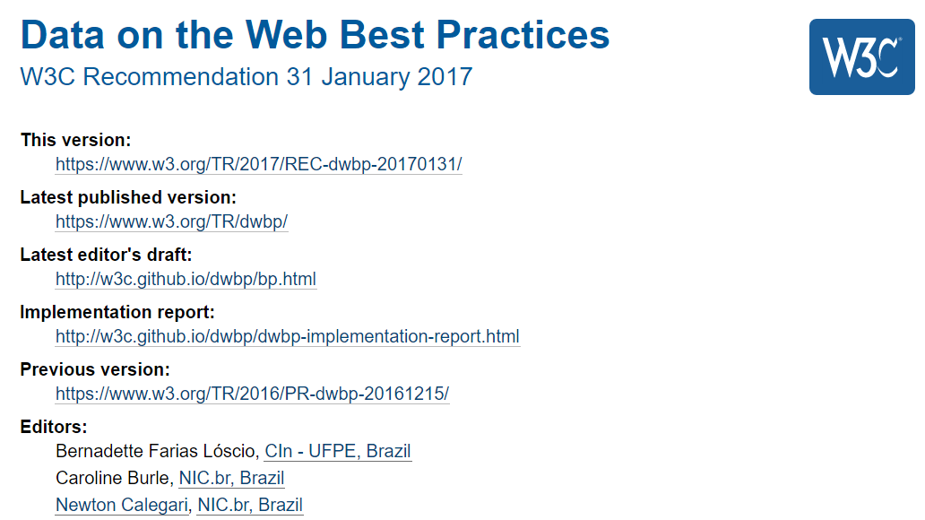 Partial screenshot of W3C Data on the Web Best Practices