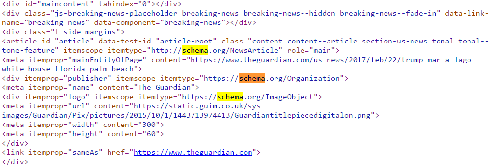 Some HTML source code wwith mentions of shchema.org highlighted