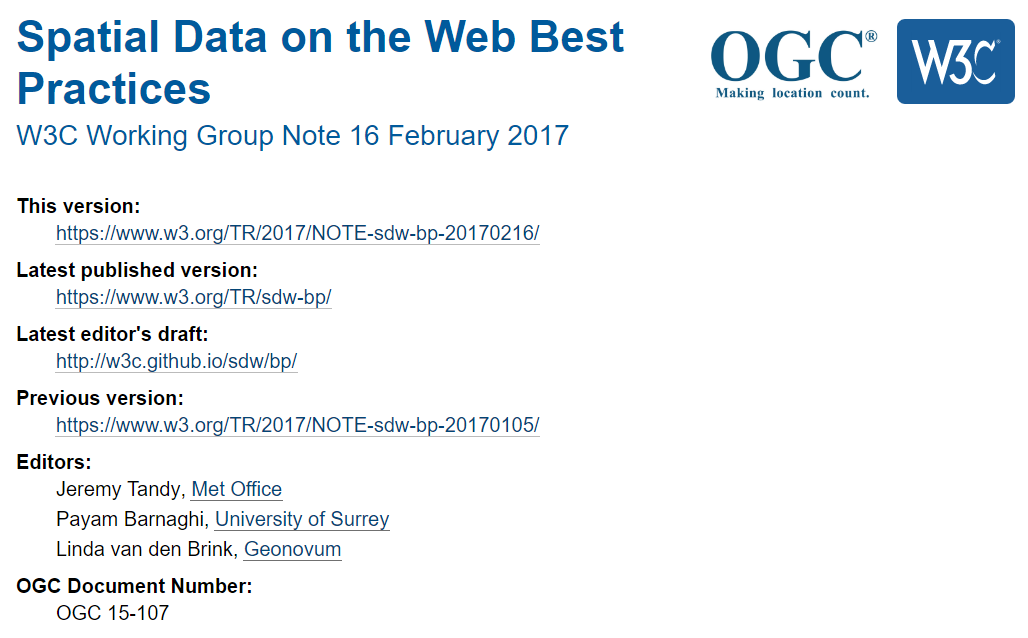 Partial screenshot of W3C/OGC Spatial Data on the Web Best Practices