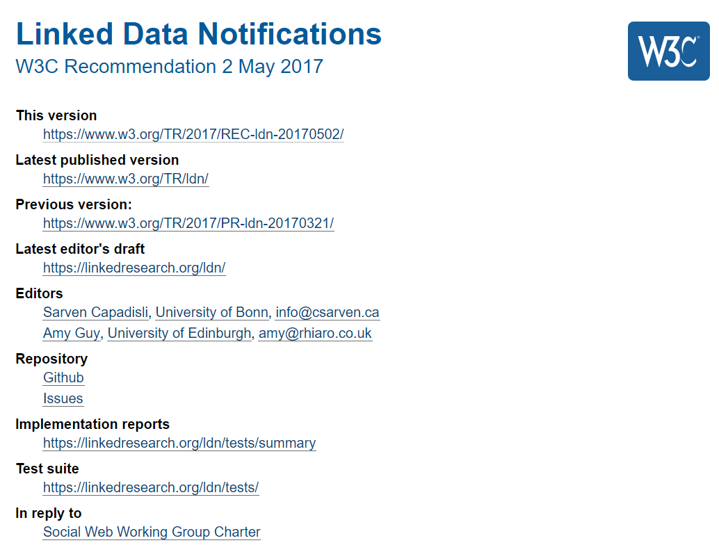 Partial screenshot of the Linked Data Notifications Rec, 2/5/17
