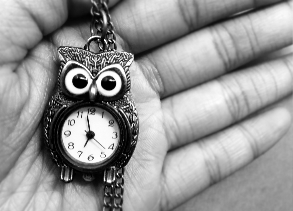 A pocket watch withan owl motif, held in a hand