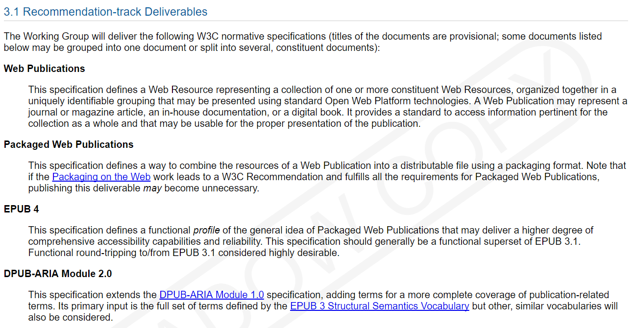 Partial screenshot of the DPub WG charter