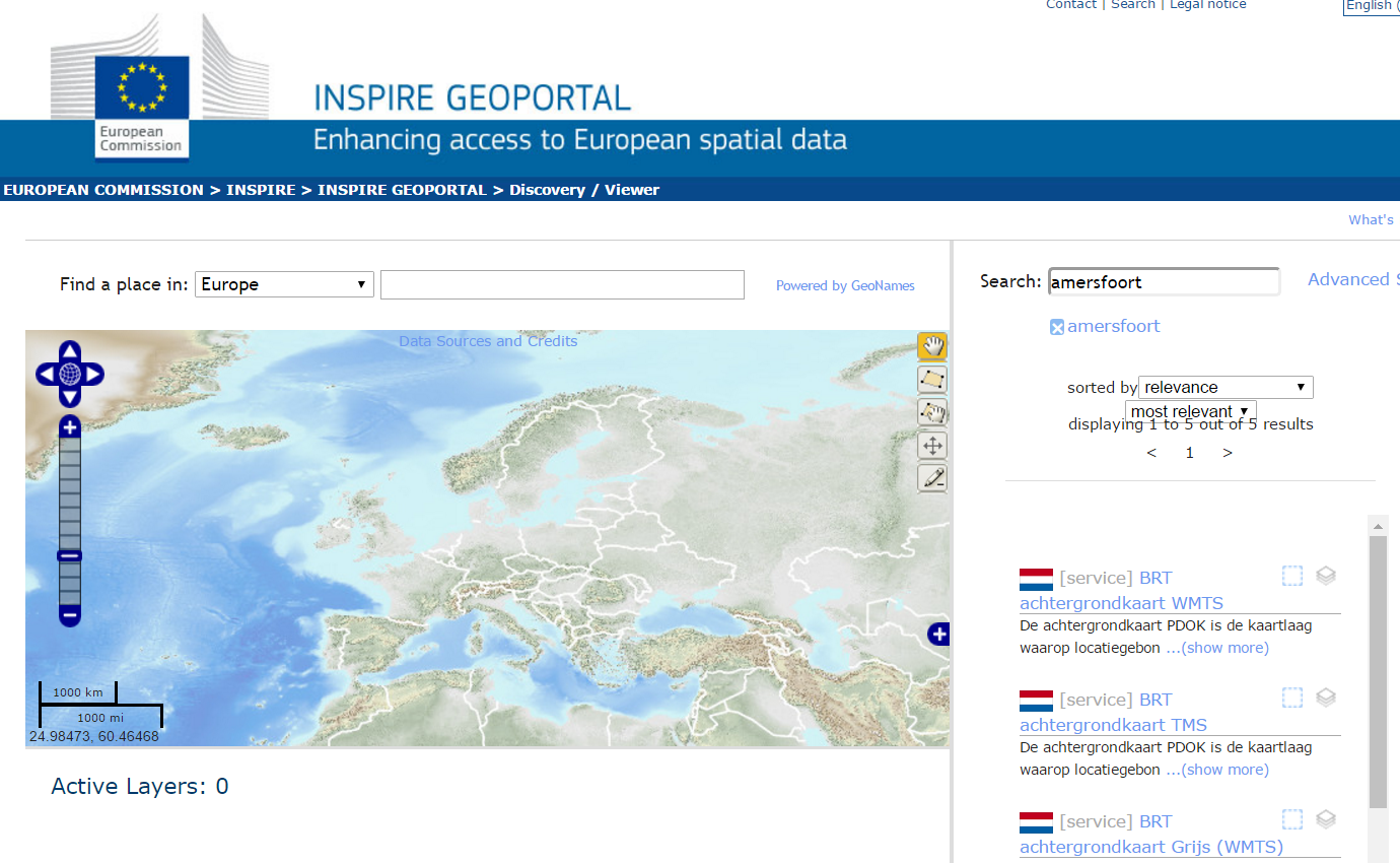 Partial screenshot of INSPIRE Geoportal, showing search for Amersfoort