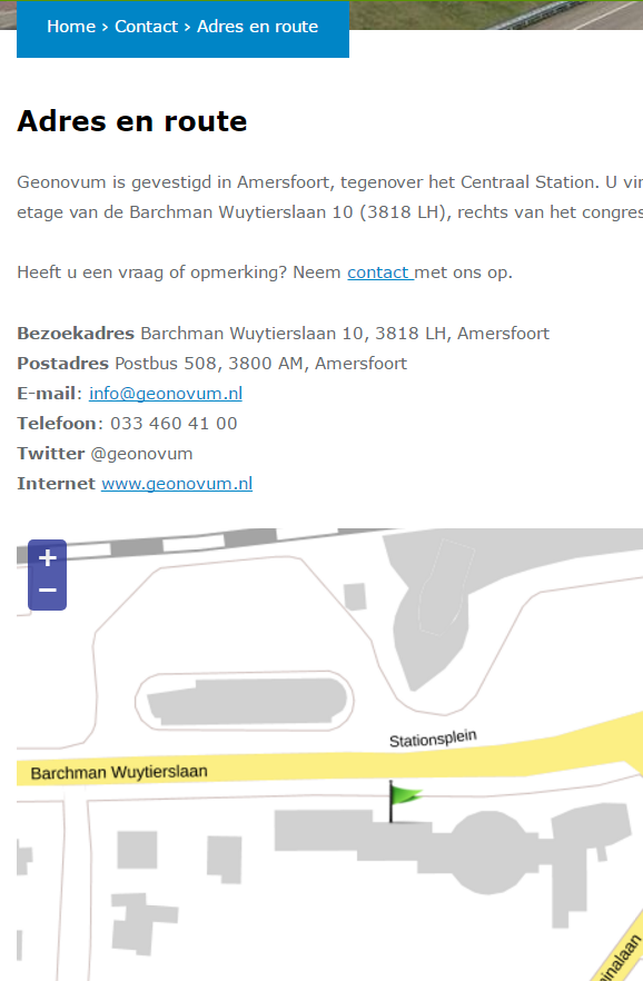 Partial screenshot of Geonovum website showing address and map