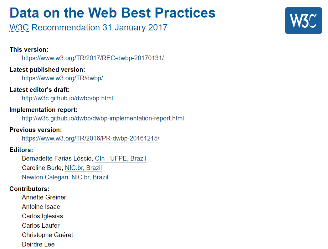 Partial screenshot of the Data on the Web Best practices document (top)