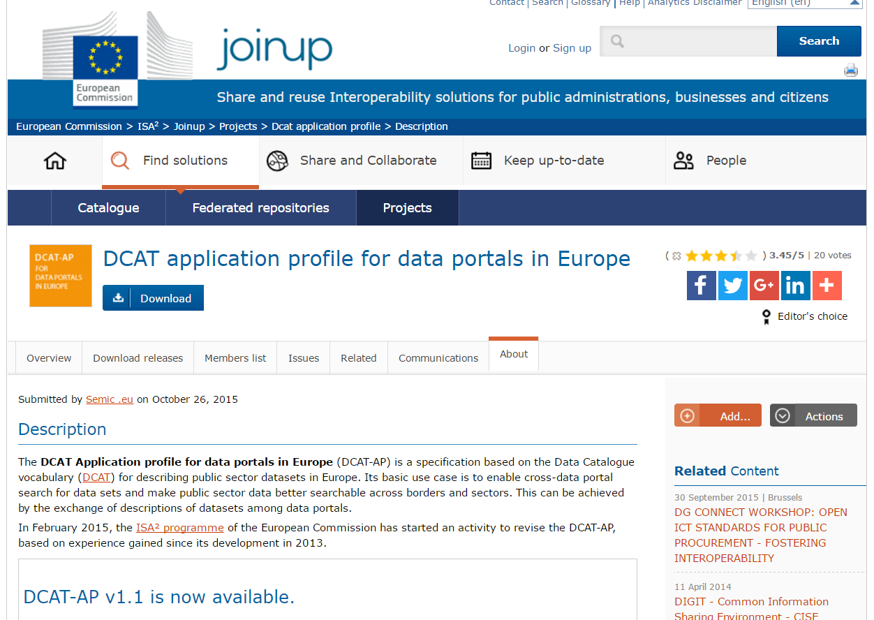 Partial screenshot of DCAT-AP landing page on Joinup