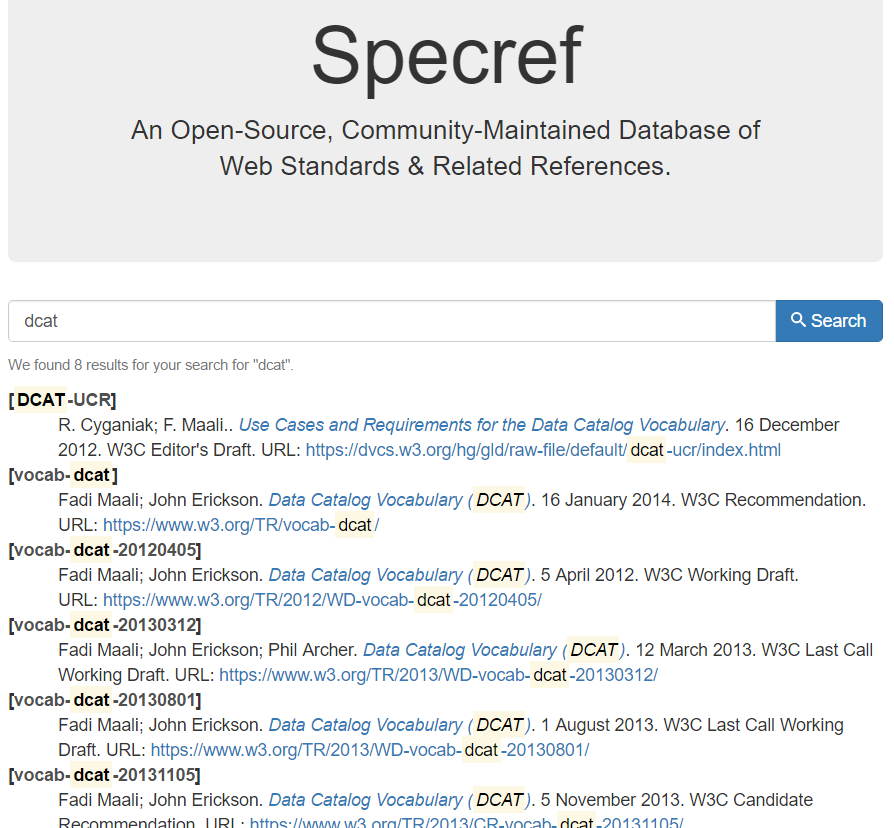 Partial screenshot of specref.org showing result for query for dcat