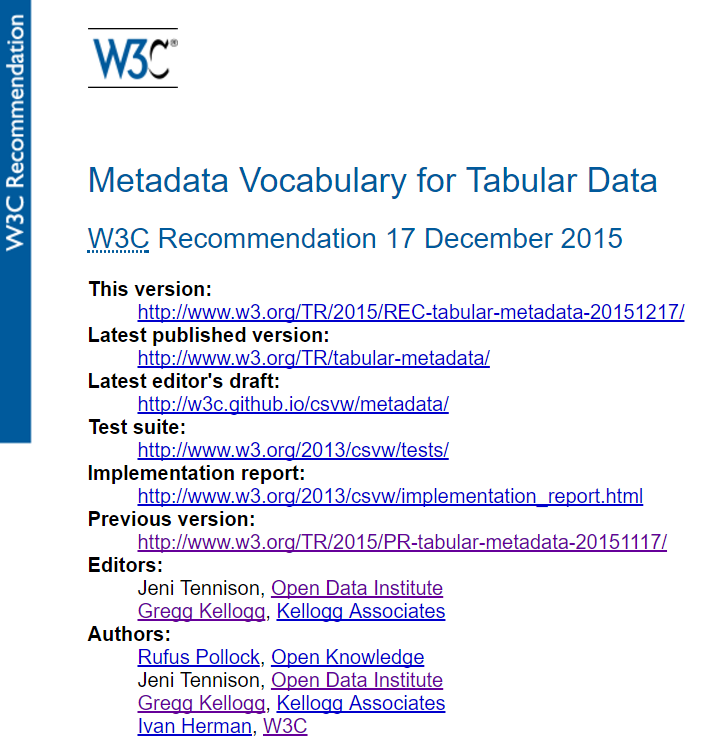 Partial screenshot of the Vocabulary for Tabular Metadata spec (top)