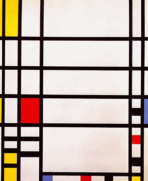 [Painting: several long and short horizontal and vertical black lines forming rectangles of various sizes, some of which are filled with blue, red or yellow.]