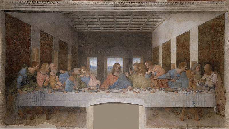 [Painting: a group of men sitting and standing behind a long table, discussing in small groups]