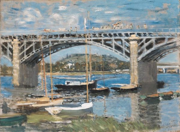 [Painting: impressionist painting of a stone and steel bridge, with small boats]