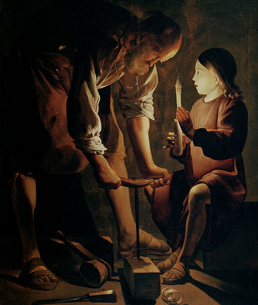 [Painting: A carpenter bores a hole in a piece of wood, while he is lighted by a boy with a candle]