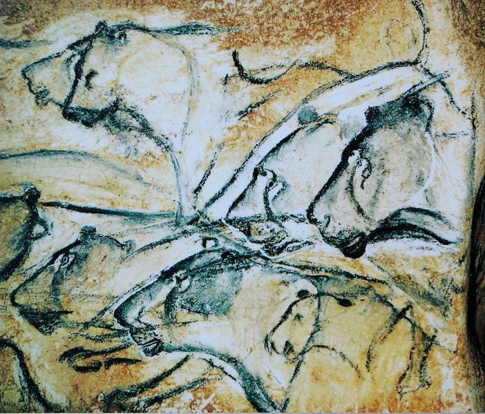 [Prehistoric painting: several heads of European Cave Lions]