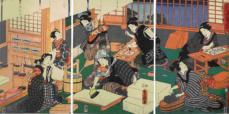 [Print: An 18th century Japanese workshop with women making prints]