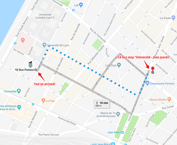 Map showing 3 different routes from C4 Bus stop Université Jean Jaurès to Université de Lyon entrance on 92 Pasteur Street