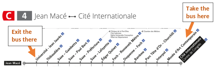 Plan of C4 bus line - 12 stops between starting station at Musée d'Art Contemporain (wheelchair accessible) and final station at Université Jean Jaurès (wheelchair accessible)