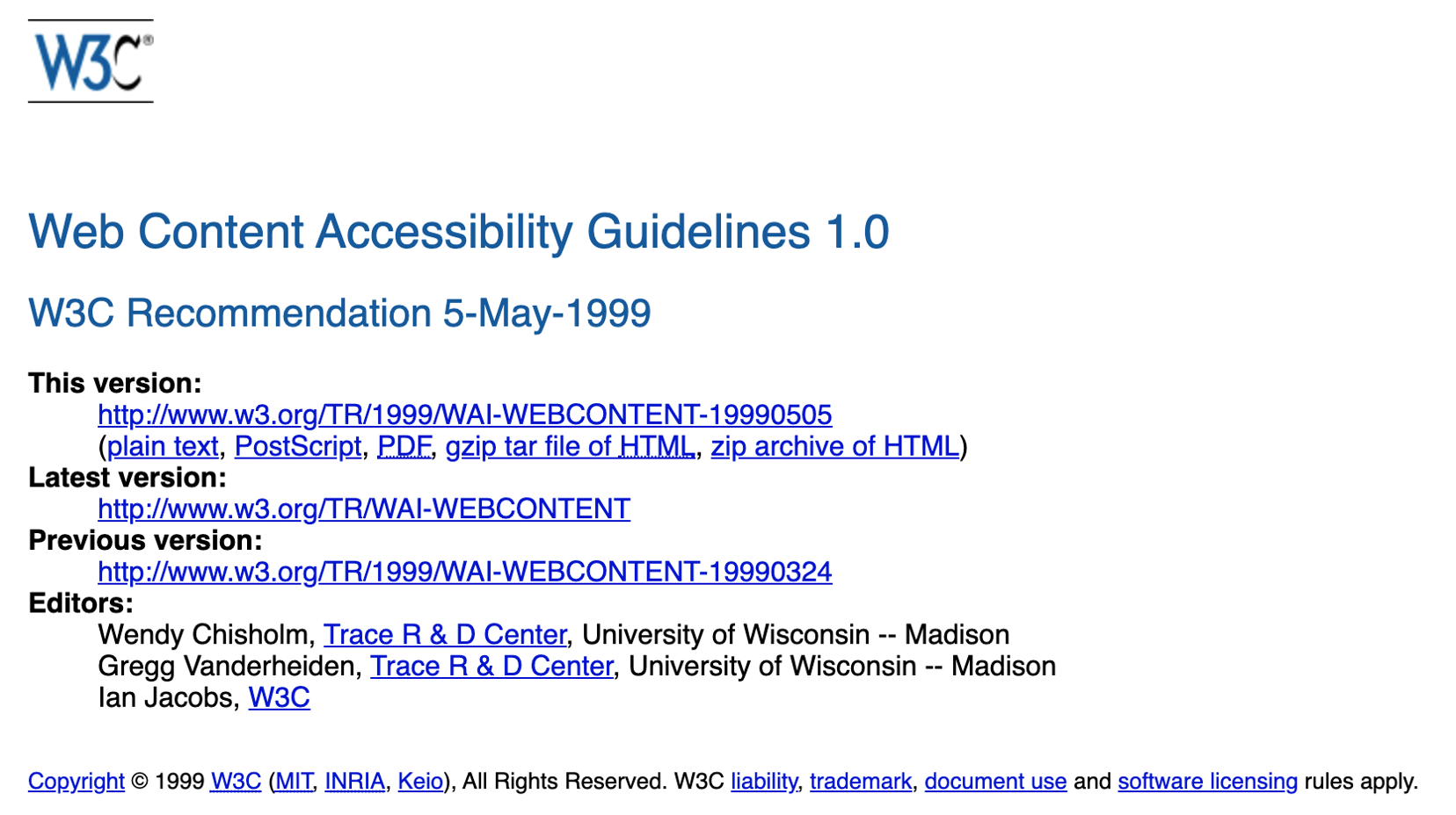 Web Content Accessibility Guidelines 1.0 front page