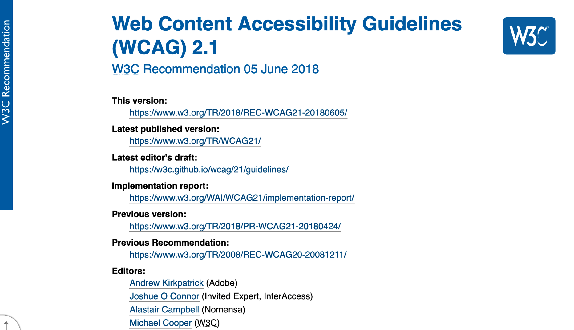 Web Content Accessibility Guidelines 2.1 front page
