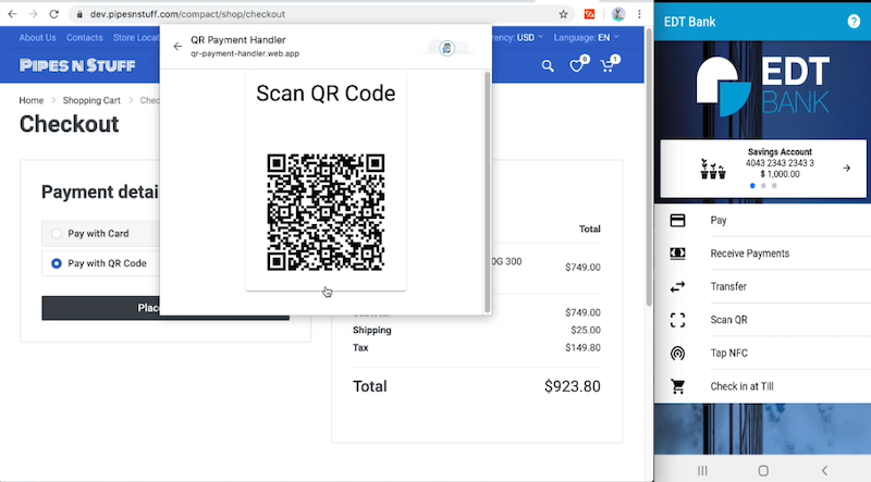 Entersekt QR demo showing a desktop checkout, QR code scanned by phone, and authentication via that phone.