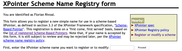 The custom-built ”XPointer Scheme Name Registry Form”