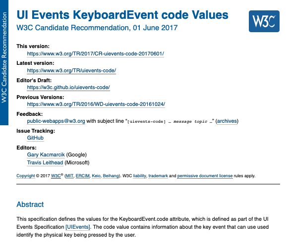 The “UI Events KeyboardEvent code Values” registry in a (perpetual?) Candidate Recommendation