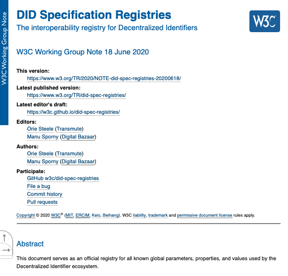 The “DID Specifications” registry in a Working Group Note