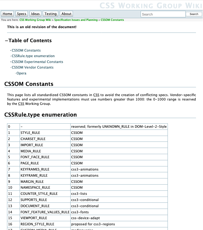 A primitive “CSSOM Constants” registry in a wiki page