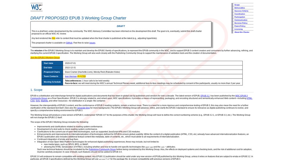 DRAFT PROPOSED EPUB 3 Working Group Charter screenshot, (URL in slide text)