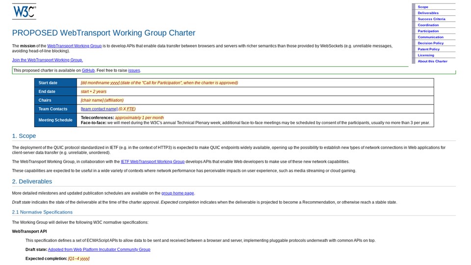 PROPOSED WebTransport Working Group Charter screenshot, (URL in slide text)