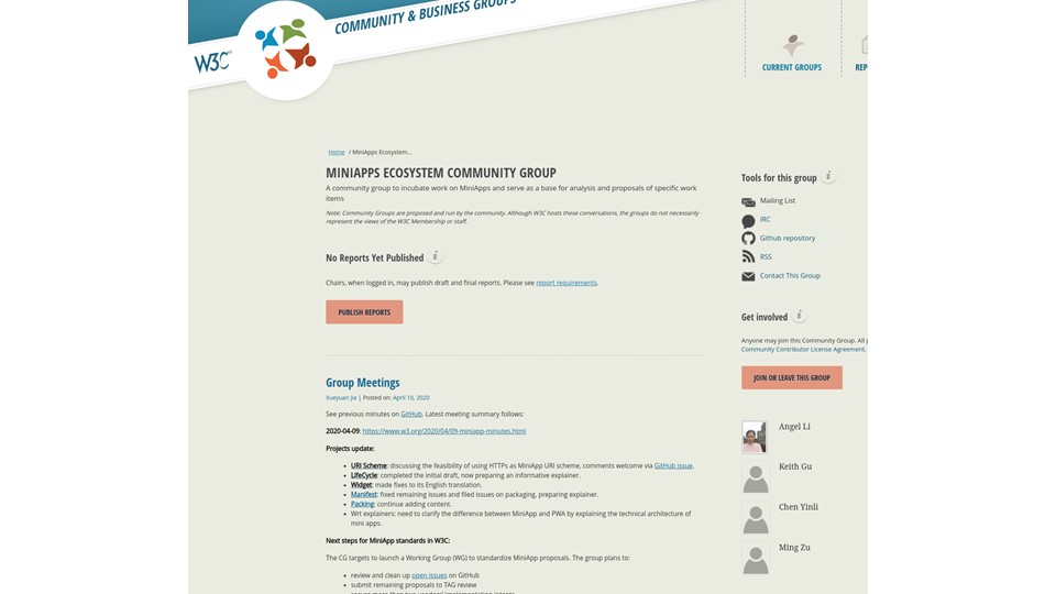 MiniApps Ecosystem Community Group screenshot, (URL in slide text)