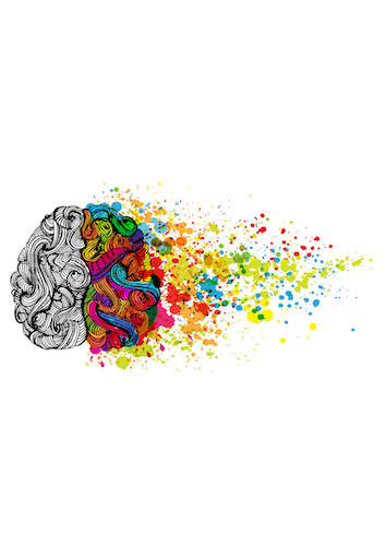 An illustration of the brain where one hemisphere is splattered with vibrant colors and extending out to the open space. This is an analogy of unlocking the creativity of developers to make it to their end users