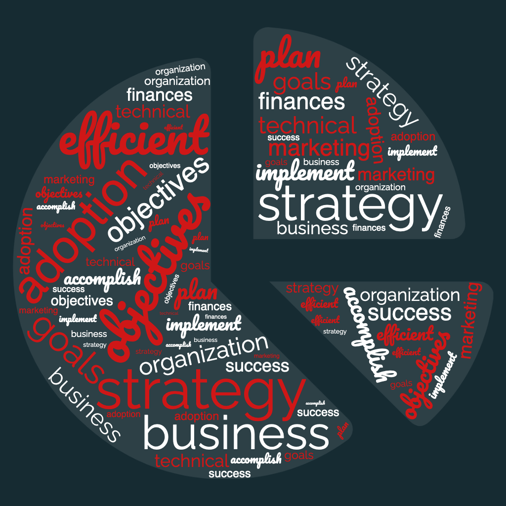 word cloud in the shape of a pie chart showing some significant keywords around the notion of strategy