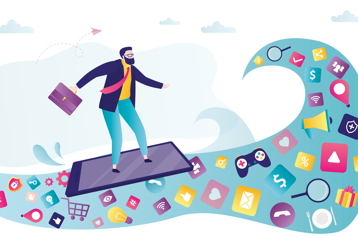 [Vector graphic of people surrounding a super large monitor as they hold web page components up to it]