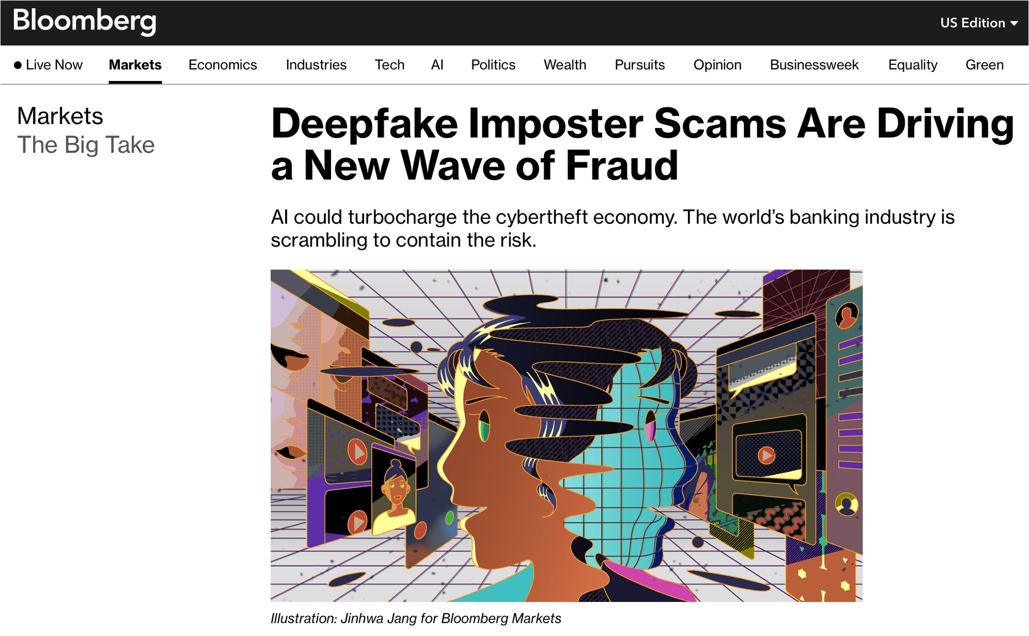 a screen shot of the bloomberg news in 2023 showing that the deepfake imposter scams became a new wave of fraud