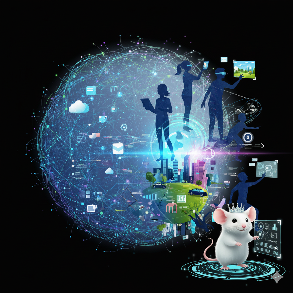 This picture was generated using an AI image generator with the prompt 'A futuristic web connected world, digital art. In vibrant colors, with humans, without text or acronyms, with a mouse from the Hitchhiker's Guide to the Galaxy'.