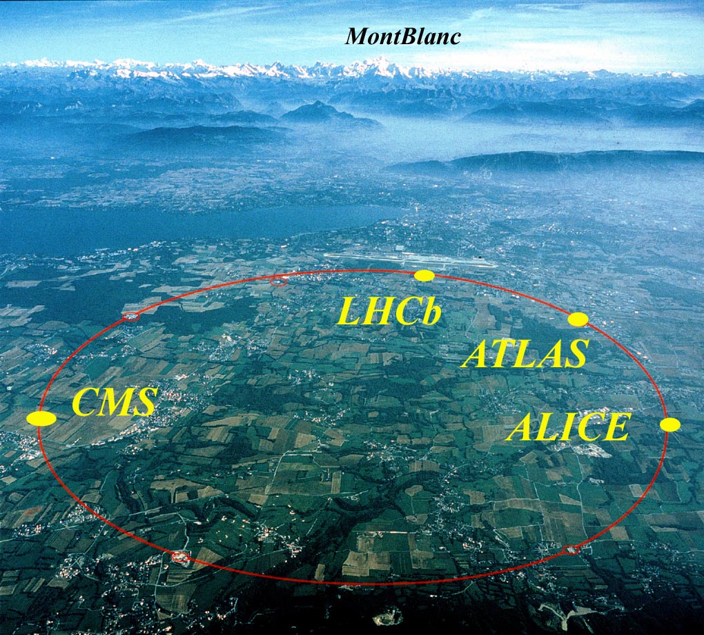Aerial photo of the CERN area wirh Mt Blanc in the background and the 27km long ring tunnel marked 