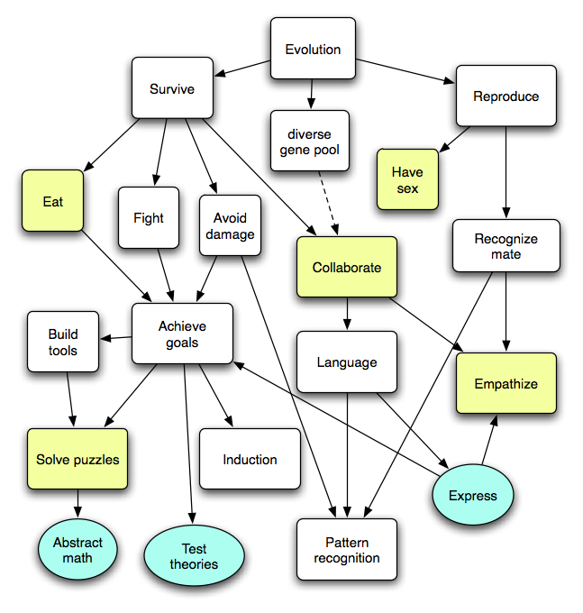 Evolution selects for  survival and reprodcutions, which in turn require various capacities