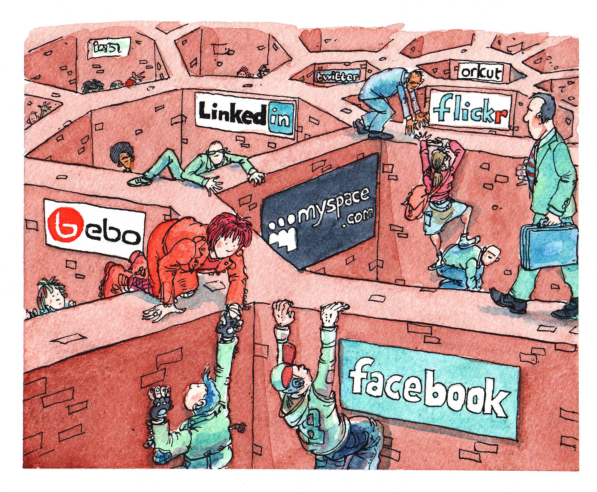 An Economist cartoon showing people in physical pens like prison cells each labelled for each social media platform, trying in vain to get from one to the othegr.