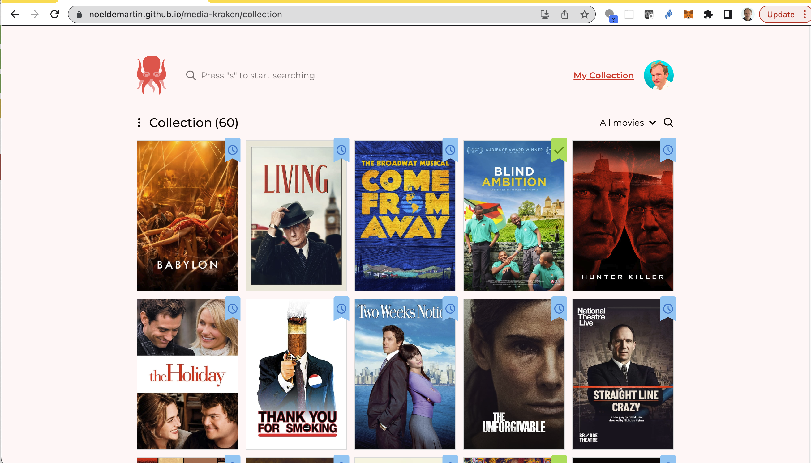 A screen shot of the Meda Kraken App showing a collectio of movies by their DVD box picture