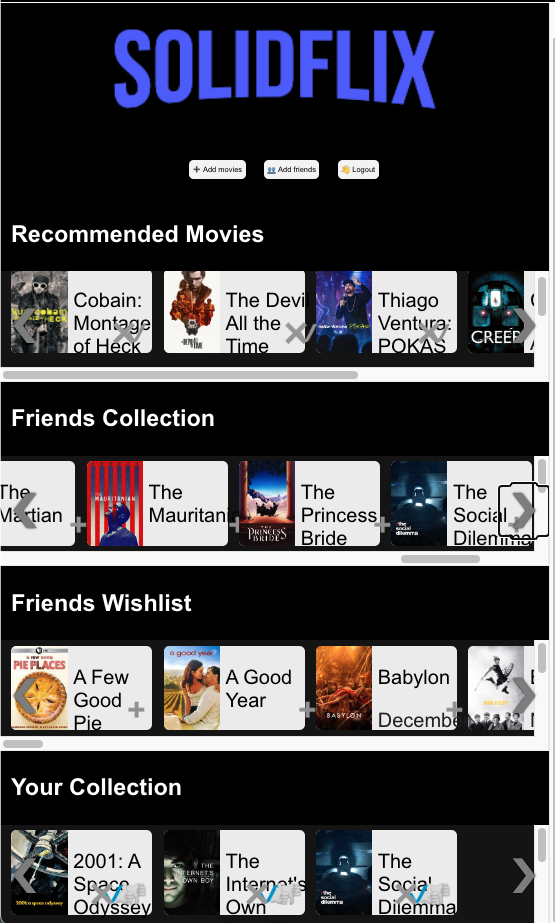 A screen shot of the SolidFlix App showing a collectio of movies, and also friends collections
