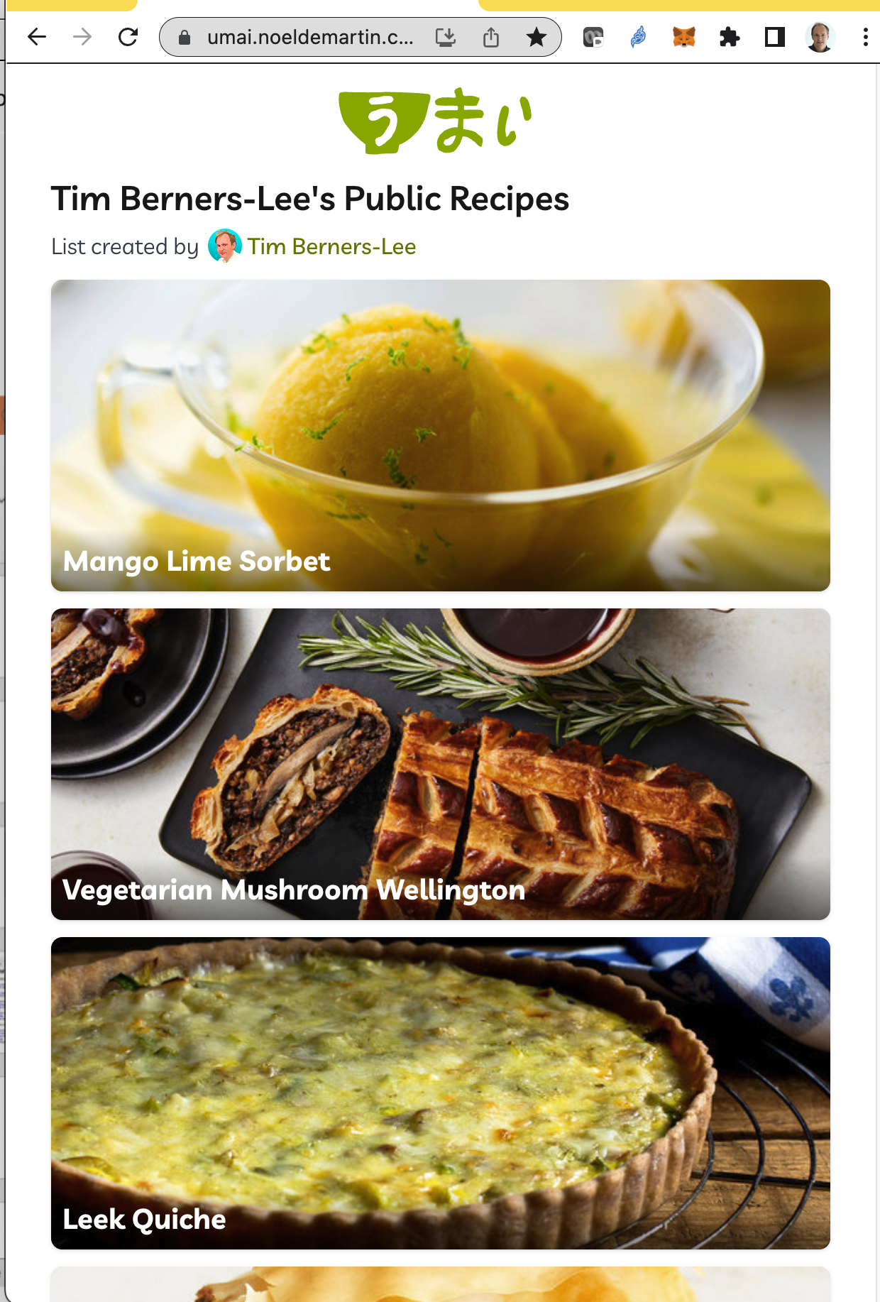 Screenshot showing the Umai recipe App showing Tim's public recipes, Mango Lime Sorbet, Mushroom Wellington, etc