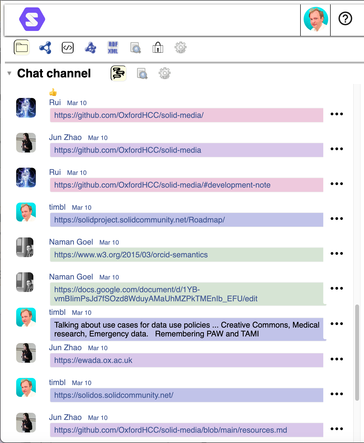 A screenshot of a group chat within a SolidOS context. Messages have sender's avatar, name, date and message.