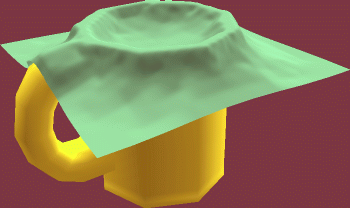 The picture shows a yellow octagonal cup on a salmon background;
a mint green sheet is folding itself over the top of the cup. Image generated
by the Computer Graphics Unit, University of Manchester