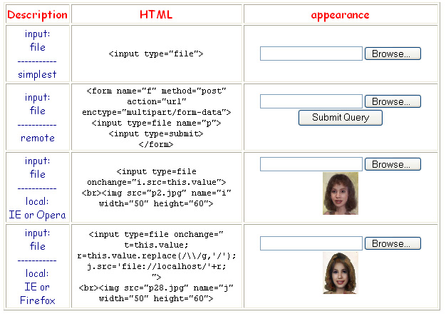 screen shot of HTML page with examples of input type='file'