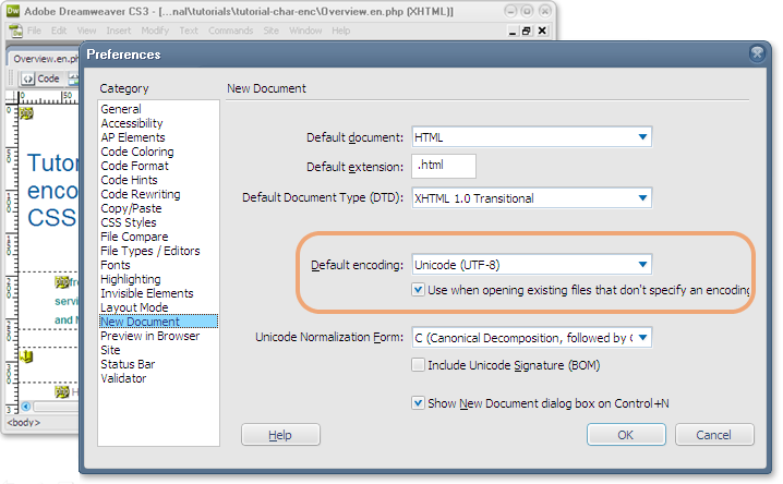 Las nuevas preferencias de documento de DreamWeaver le permiten especificar una codificación predeterminada.