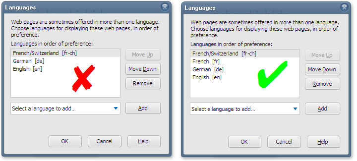 Скриншот диалогового окна Firefox при изменении языковых настроек.