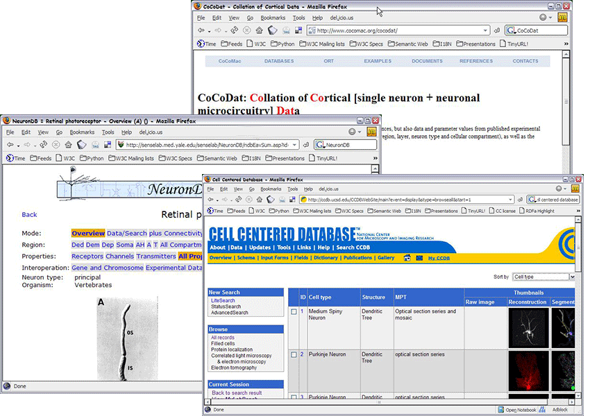 screen dump of three different Life Science databases with mutually different interfaces