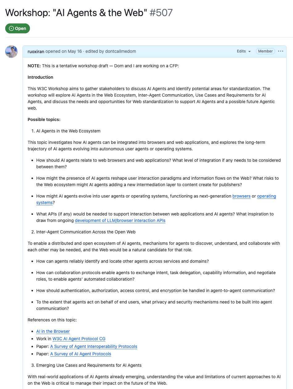 [ai-agent-workshop issue snapshot at:https://github.com/w3c/strategy/issues/507]