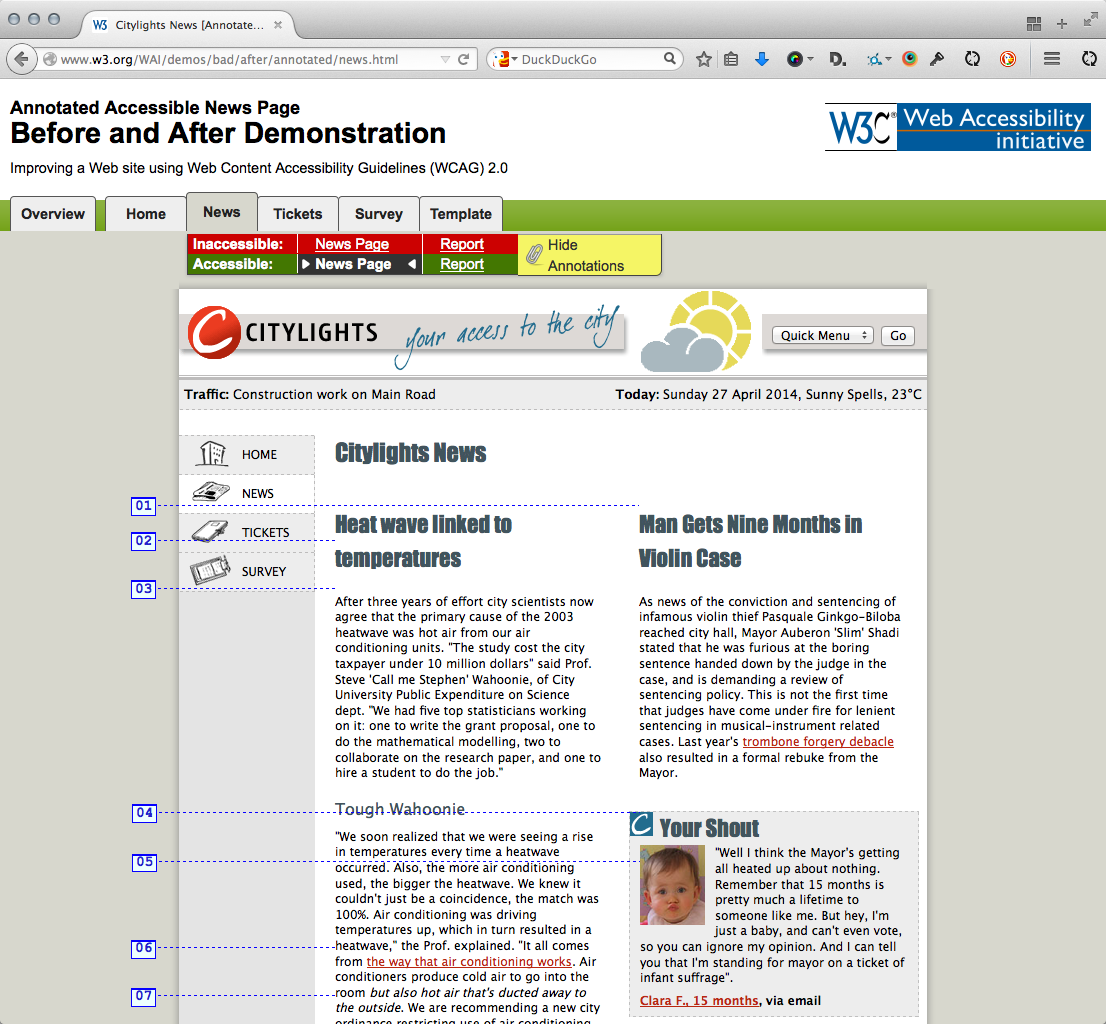 Screenshot „News“ mit Anmerkungen