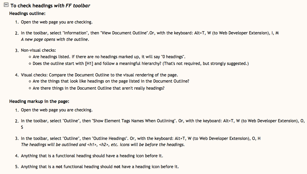 Screenshot Überschriften testen mit der Firefox Toolbar